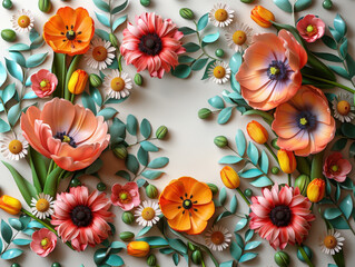 3d Text Mother's Day greeting with delicate white and pink flowers arranged around text. Soft tones and floral details create tender and loving atmosphere.