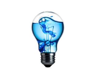 A lightbulb filled with blue liquid featuring an abstract design, set against a black backdrop