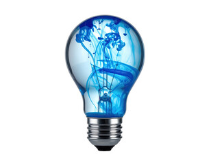 Clear lightbulb filled with vibrant blue ink, isolated on black background, creative concept