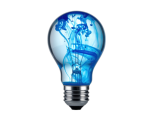 Clear lightbulb filled with vibrant blue ink, isolated on black background, creative concept