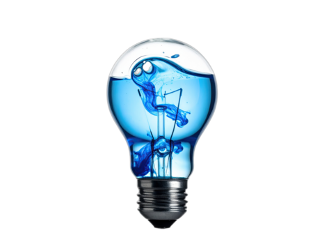 A lightbulb filled with blue liquid featuring an abstract design, set against a black backdrop - Powered by Adobe