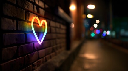 Neon rainbow heart sign glowing on brick wall