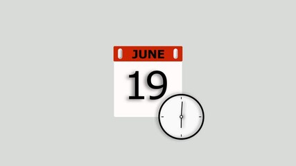 June month 19 date animation. Calendar and clock icon concept, on white background stunning 4k animation.