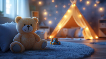 Cute teddy bear sitting on soft carpet in warmly lit children's bedroom with glowing fairy lights and play tent in the background, creating dreamy nighttime atmosphere.