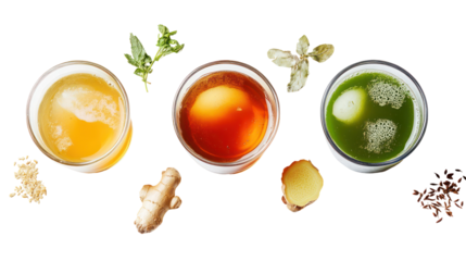 Three Japanese Winter-Only Drinks with Matcha and Roasted Tea on transparent background