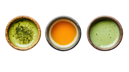 Three Japanese Winter-Only Drinks with Matcha and Roasted Tea on transparent background