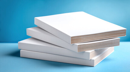Blank stack of white notebooks with smooth covers and clean edges, arranged neatly on a vibrant blue background, ideal for mock up designs and creative projects