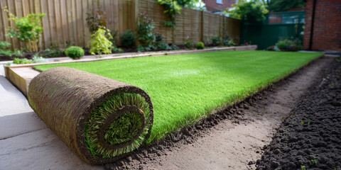 Roll of turf being laid on prepared backyard soil.