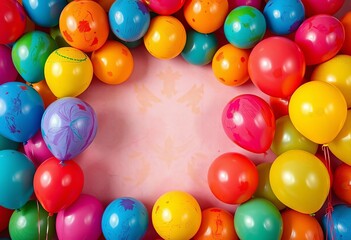 Vibrant painted balloons forming abstract backdrop, vibrant, painted