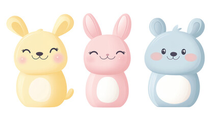 Obraz premium Three Kawaii Animal Characters with Pastel Colors Smiling Faces on transparent background
