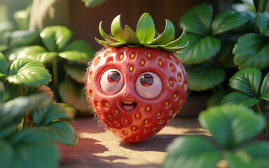 An adorable cartoon strawberry with big eyes and a happy smile emerges from lush green leaves