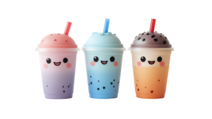 Three Kawaii Food and Drink Mascots with Smiling Faces on transparent background