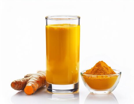 stunning photo of glass of turmeric tonic with turmeric powder isolated on white background