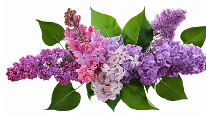 Isolated Lilac Flower Bouquet With Violet And Pink Blossoms And Green Leaves On White Background