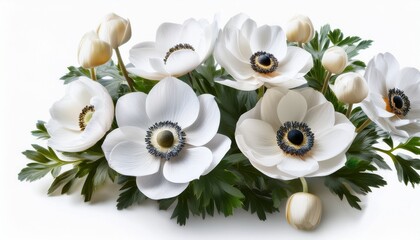 Elegant Bouquet Of Delicate White Anemone Flowers With Dark Foliage Isolated On Transparent Background