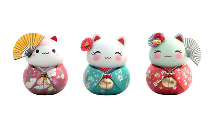Three Kawaii Japanese Mascots with Small Props like Fans and Umbrellas on transparent background
