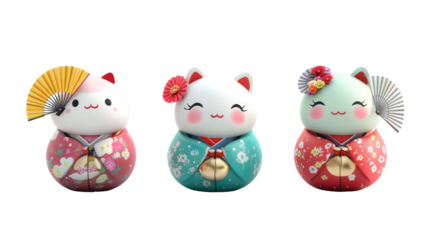 Three Kawaii Japanese Mascots with Small Props like Fans and Umbrellas on transparent background