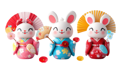 Three Kawaii Japanese Mascots with Small Props like Fans and Umbrellas on transparent background