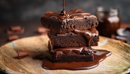 Rich Chocolate Brownie Slices Stacked With Melted Chocolate Glaze Moist Baked Squares With Gooey Topping Perfect Dessert For Any Occasion Decadent Sweet Treat
