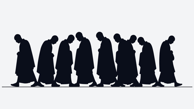 Silhouettes of monks in robes walking in a line with heads bowed.