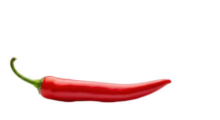 A perfectly ripe, glossy red chili pepper with a fresh green stem, lying horizontally on a transparent background with soft studio light, ample copy space, concept of bold flavor and quality