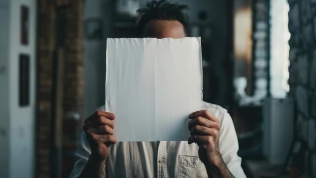 A man standing in a room with his face covered by a piece of paper.