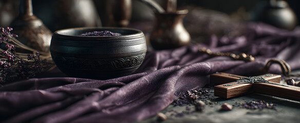 Ash Wednesday Still Life with Crucifix and Ashes. Still life of Ash Wednesday with purple cloth, ash bowl, and a crucifix, elegant and somber composition