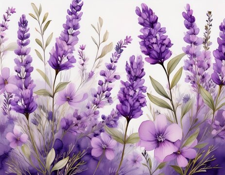 floral elegance a delicate watercolor pattern of lavender sprigs and purple blooms this artistic piece captures a seamless floral design for fabric printing