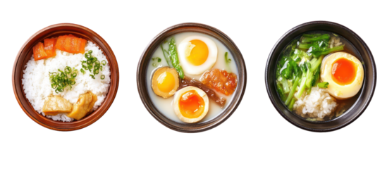 Three Sets of Japanese New Year Breakfast Plates with Rice on transparent background