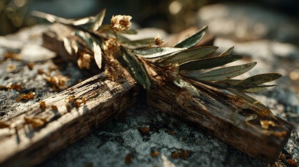 Wooden cross, ashes, and olive branches on concrete stone background. Faith, liturgy, religious ceremony