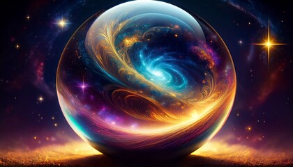 celestial sphere an otherworldly view of a swirling galaxy contained within a glass sphere with vibrant celestial bodies that evoke wonder and mystery