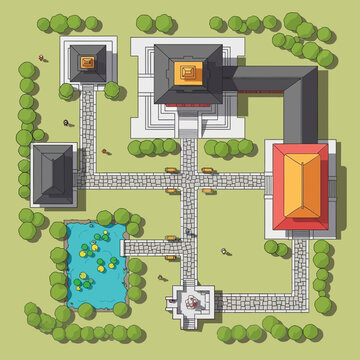 Overhead view of a traditional Asian temple complex with gardens and a pond.