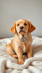 Golden retriever puppy with big ears and innocent eyes sitting on a soft blanket, looking up,  domestic,  adorable