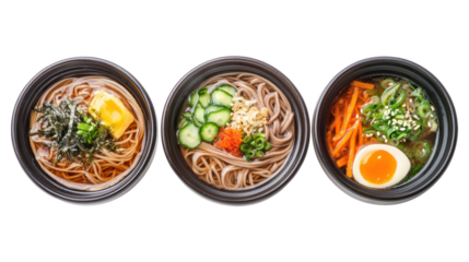 Three Sets of Japanese Soba Noodle Meals with Light Broth on transparent background