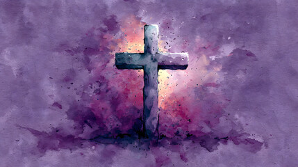 Ash Wednesday themed watercolor artwork showing a simple ash cross on a textured purple background, minimalist and evocative, hand-painted watercolor
