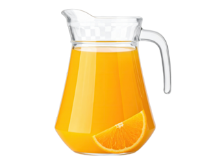 Glass pitcher filled with orange juice, slice submerged. Transparent background. Lit bright
