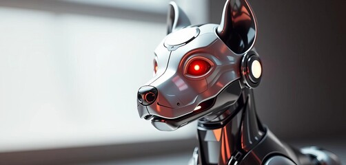 Sleek robotic canine companion, advanced AI, metallic sheen, digital eyes glow,  shiny,  tech pet