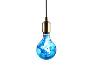 Close-up of a decorative lightbulb filled with blue liquid swirling against black background