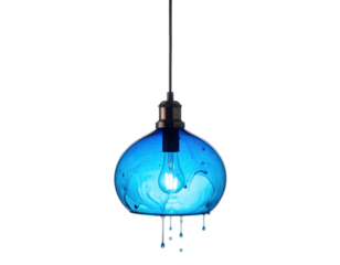 Modern overhead lamp with a round, swirling blue-colored glass shade and single hanging cord