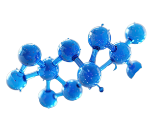 Glossy, interconnected spheres forming a molecular structure, rendered in shades of blue against black