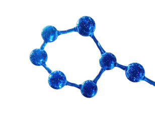 Close-up view of a transparent, linked molecular structure with luminous, blue spheres