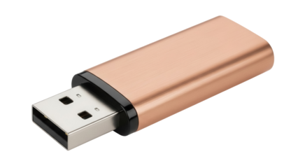 Rose gold USB flash drive isolated PNG, portable storage device for data transfer and backup on transparent background