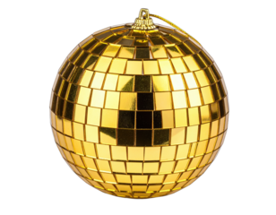 Close-up of a decorative golden disco ball against a black backdrop, reflecting light