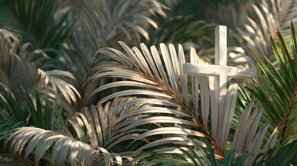 White Christian Cross and Palm Branches Celebrating Ash Wednesday on Purple Background