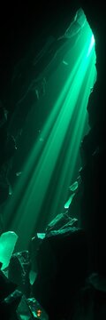 Emerald shards pierce the abyss, illuminated by a single, piercing beam, frozen in a swirling ballet, confetti,  dutch angle
