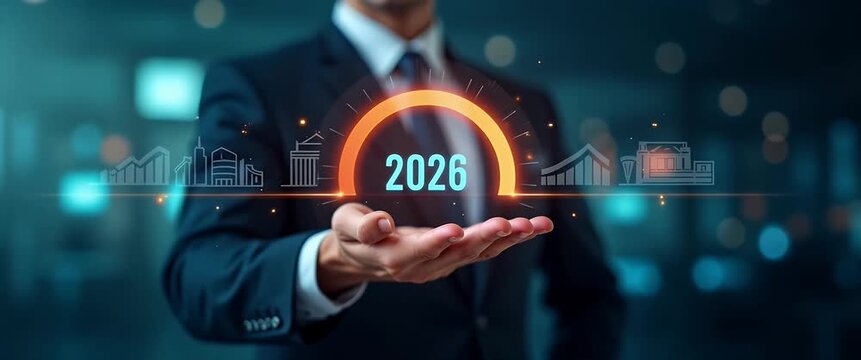 Tap virtual download bar year transition 2026 symbolizing business progress new goals digital readiness beyond new year concept as Businessman triggers progress meter flips calendar fosters fresh obje