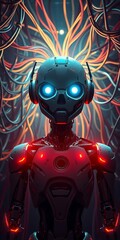 Mysterious robot with luminous eyes stands before a complex network of cables, light casting an aura of awe,  wonder,  AI