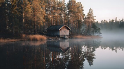 Fototapeta premium Serene lakeside cabin nestled amidst towering trees reflecting in the tranquil water.