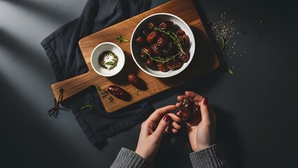 Person preparing a healthy meal with fresh ingredients on a wooden board