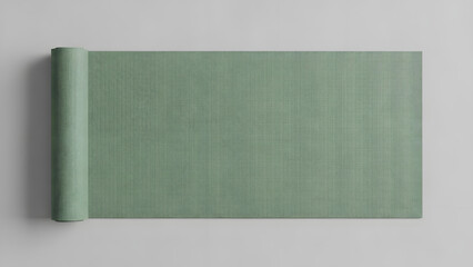 A single green yoga mat, featuring a textured grid pattern, lies neatly rolled and partially unrolled against a minimalist grey background.